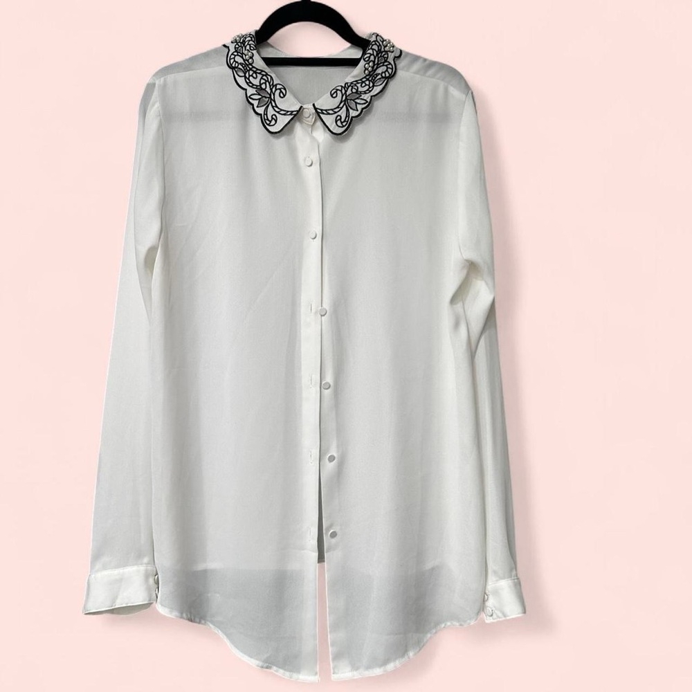 Forever 21 Sheer White Blouse with Black Floral Collar